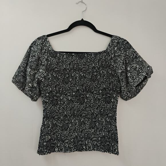Anthropologie Aurelia Smocked Top Black & White Floral S Puff Sleeve - Picture 5 of 12